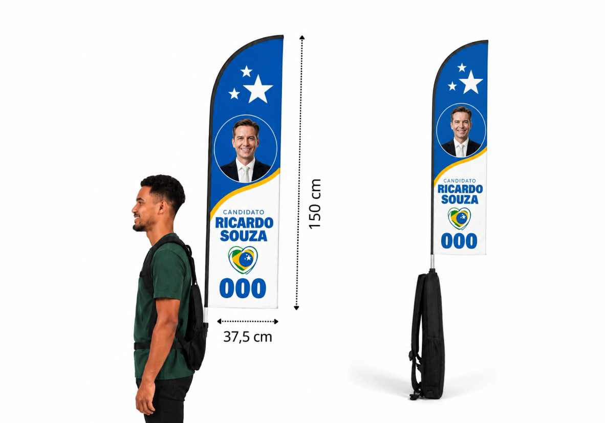 Mochila wind banner usada em ação de rua de campanha eleitoral